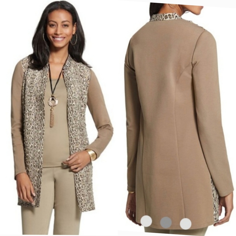 Chico's Size 3 Leopard Duster Blazer Jacket Cardigan Brown Tan